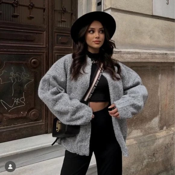 NWT ZARA OVERSIZED BOUCLE BOMBER LIGHT GRAY - Picture 3 of 8